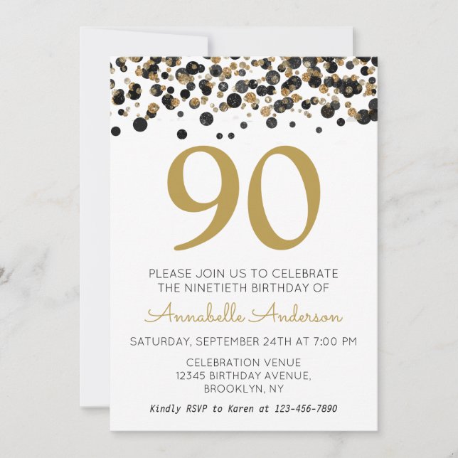 Invitación Cumpleaños 90 Negro Dorado Brillante Purpurina Con (Anverso)