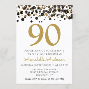 Invitación Cumpleaños 90 Negro Dorado Brillante Purpurina Con