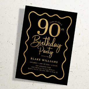 Invitación Cumpleaños 90 Negro Oro Borde Ondulado