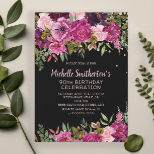 Invitación Cumpleaños 90 Negro Rosa Púrpura Floral Brillante