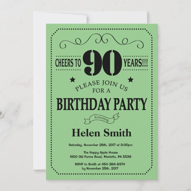 Invitación Cumpleaños 90 Negro y Verde (Anverso)