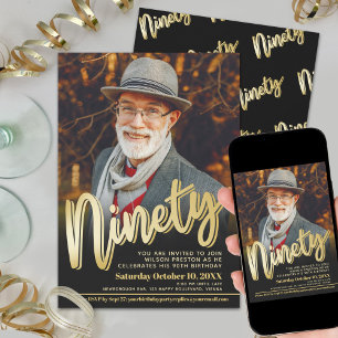 Invitación Cumpleaños 90 noveno cumpleaños fiesta negro oro f