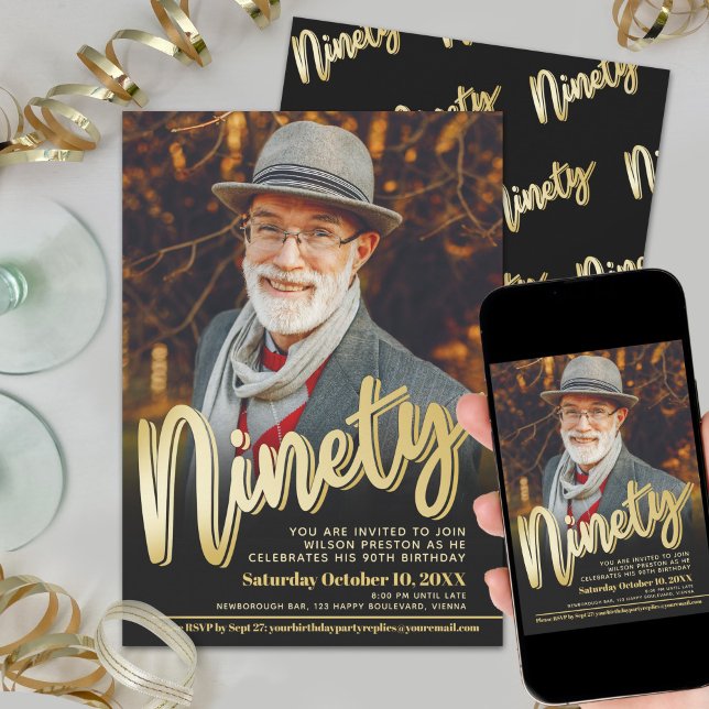 Invitación Cumpleaños 90 noveno cumpleaños fiesta negro oro f (Subido por el creador)