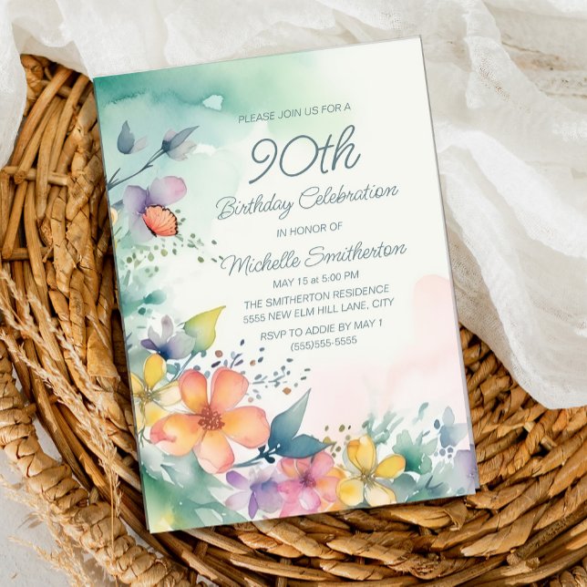 Invitación Cumpleaños 90 Pastel Floral Rosa Amarillo Turquesa (Spring watercolor floral on teal and white 90th birthday party invitation)