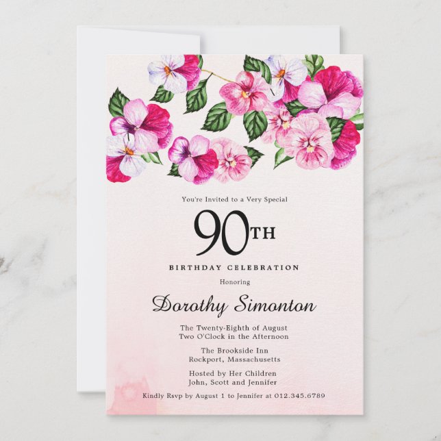 Invitación Cumpleaños 90 Pretty Magenta Rosa Blanco Floral (Anverso)