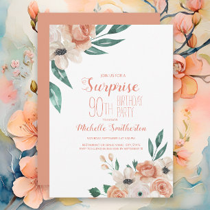 Invitación Cumpleaños 90 Pretty Peach Cream Floral