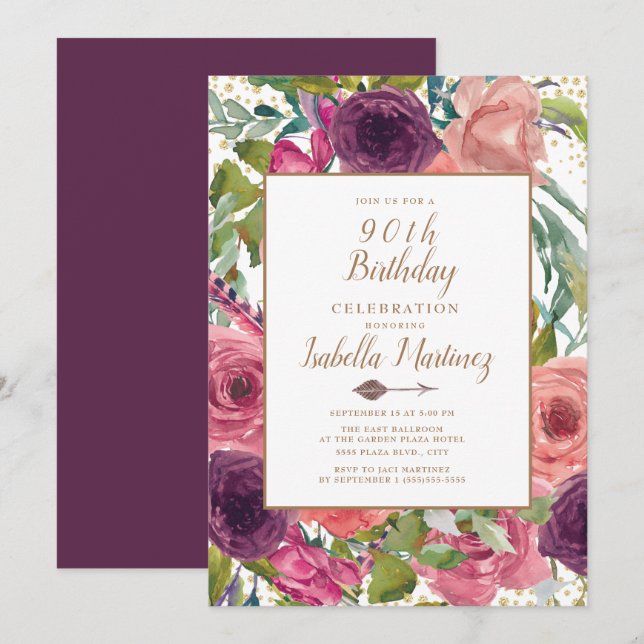 Invitación Cumpleaños 90 Purple Pink Boho Pluma Floral Dorado (Anverso / Reverso)