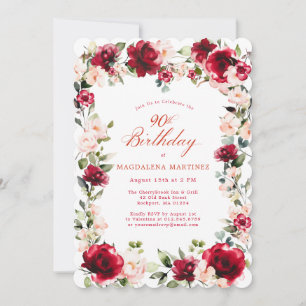Invitación Cumpleaños 90 Rojo Rosa Peonía Floral