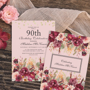 Invitación Cumpleaños 90 Rosa Borgoña Floral Dorado Brillante