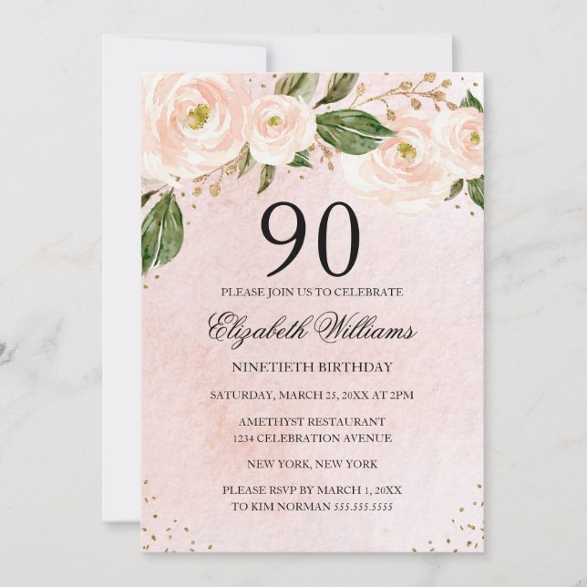 Invitación Cumpleaños 90 Rosa Rubor Floral Dorado (Anverso)