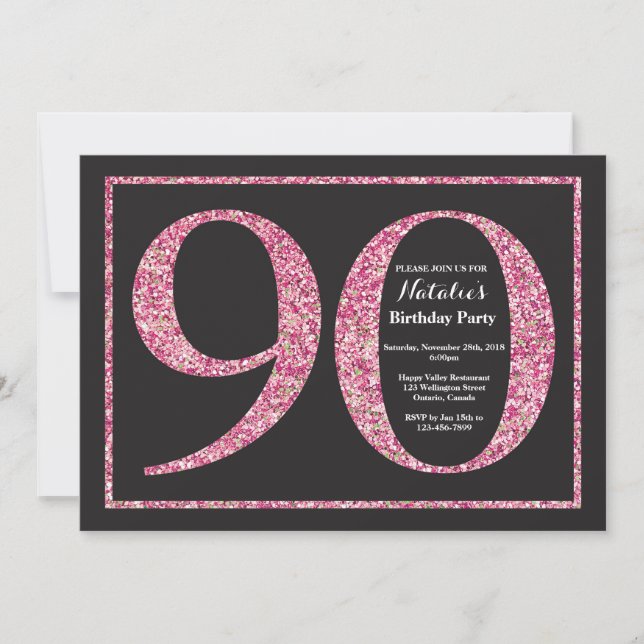 Invitación Cumpleaños 90 Rosa Tiza Brillante (Anverso)