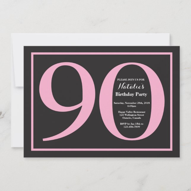 Invitación Cumpleaños 90 Rosa y Negro Pizarra (Anverso)