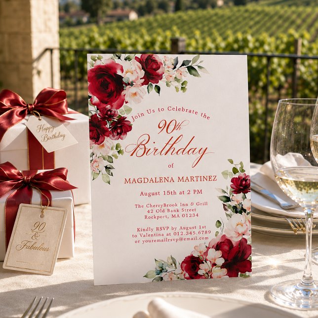 Invitación Cumpleaños 90 Rosas Rojas Flor de Peonía Rosa (Subido por el creador)