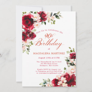 Invitación Cumpleaños 90 Rosas Rojas Flor de Peonía Rosa