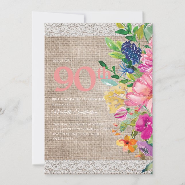 Invitación Cumpleaños 90 Rustico Arpillera Encaje Rosa Azul F (Anverso)