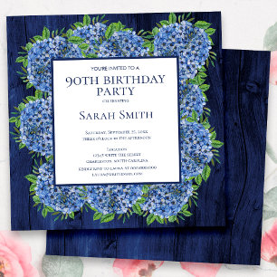 Invitación Cumpleaños 90 Rústico Madera Hortensias Azules Fie