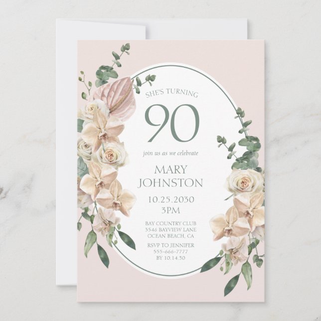Invitación Cumpleaños 90 Tropical Floral (Anverso)
