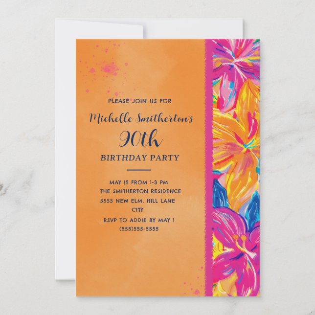 Invitación Cumpleaños 90 Tropical Naranja Rosa Floral (Anverso)