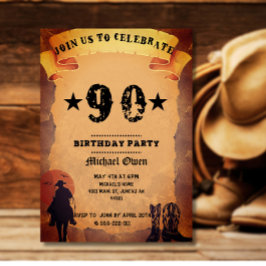 Invitación cumpleaños 90 vaquero papel viejo caballo montando