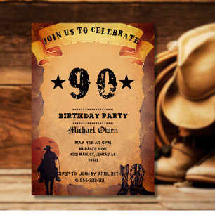 Invitación cumpleaños 90 vaquero papel viejo caballo montando