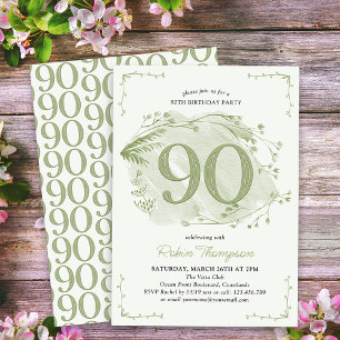 Invitación Cumpleaños 90 Verde Flores Silvestres Delicadas Nú