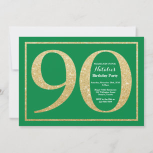 Invitación Cumpleaños 90 Verde y Dorado Brillante