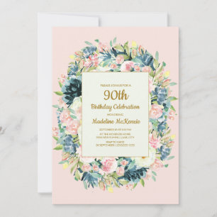 Invitación Cumpleaños 90 Vintage Rosa Floral Verde Acuático p