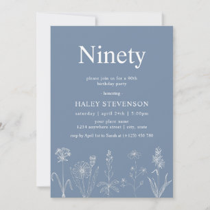 Invitación Cumpleaños 90 Wildflower Floral Noventa Azul Polvo