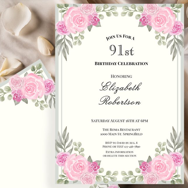 Invitación Cumpleaños 91 con flores rosadas y verde salvia (Subido por el creador)