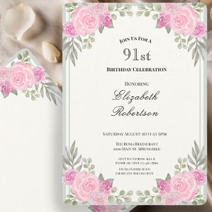 Invitación Cumpleaños 91 con flores rosadas y verde salvia