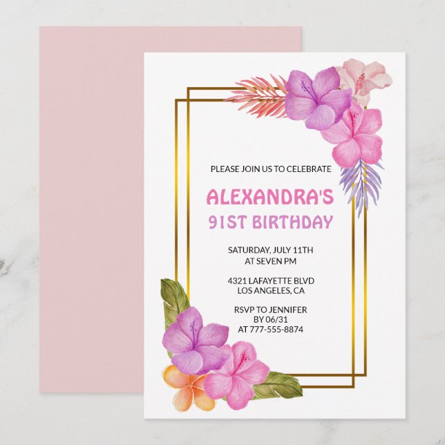 Invitación Cumpleaños 91 de lujo floral tropical rosa (Anverso / Reverso)