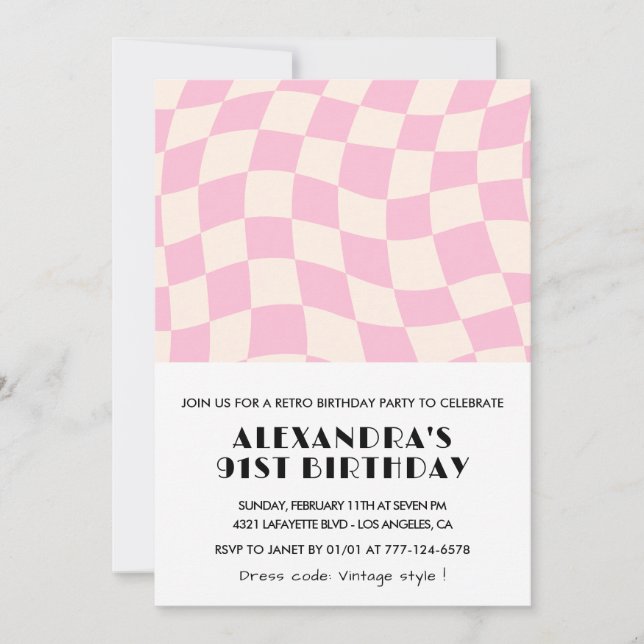 Invitación Cumpleaños 91 Retro Vintage Rosa a Cuadros (Anverso)