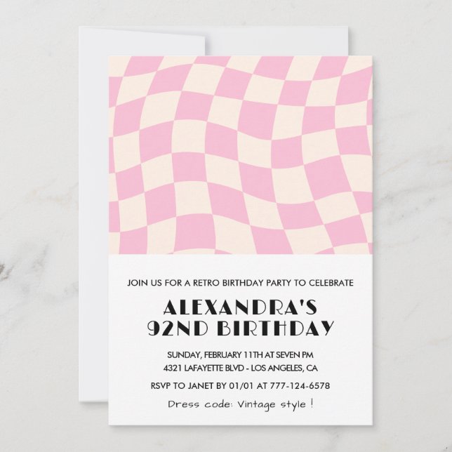 Invitación Cumpleaños 92 Retro Vintage Rosa a Cuadros (Anverso)