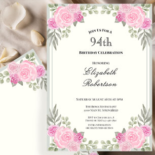 Invitación Cumpleaños 94 con flores rosadas y verde salvia