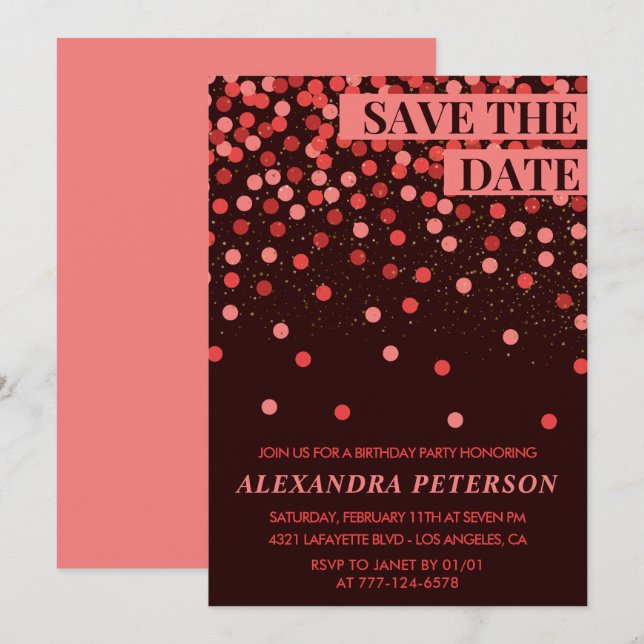 Invitación Cumpleaños 94 Confeti Rojo Guardar la fecha (Anverso / Reverso)