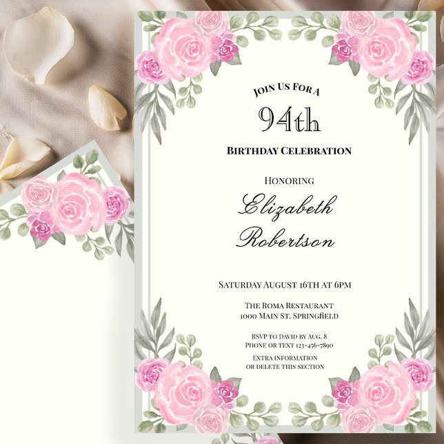 Invitación Cumpleaños 94 de flores rosadas y verde salvia (Subido por el creador)
