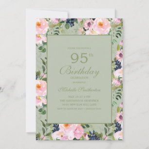 Invitación Cumpleaños 95 Blush Rosa Floral Verde Menta