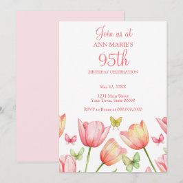 Invitación Cumpleaños 95 con tulipanes acuarela rosa claro