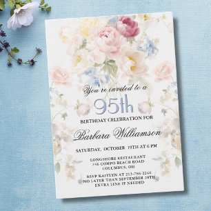 Invitación Cumpleaños 95 Elegante Rosa Floral Pintada al Agua