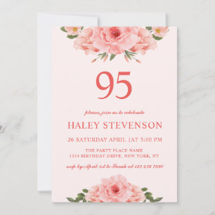 Invitación Cumpleaños 95 Floral Chic Coral Acuarela Femenina