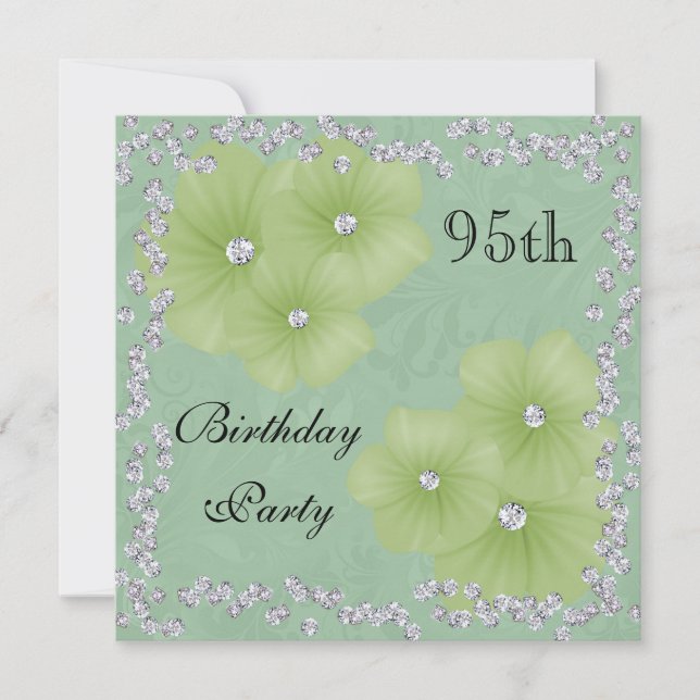 Invitación Cumpleaños 95 Green Damask & Flores (Anverso)