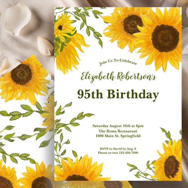 Invitación Cumpleaños 95 Mujer Girasoles Acuarela (Subido por el creador)