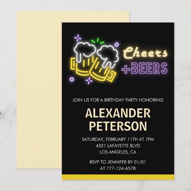 Invitación cumpleaños 96 Cheers Beer Hombres Neon  (Anverso / Reverso)