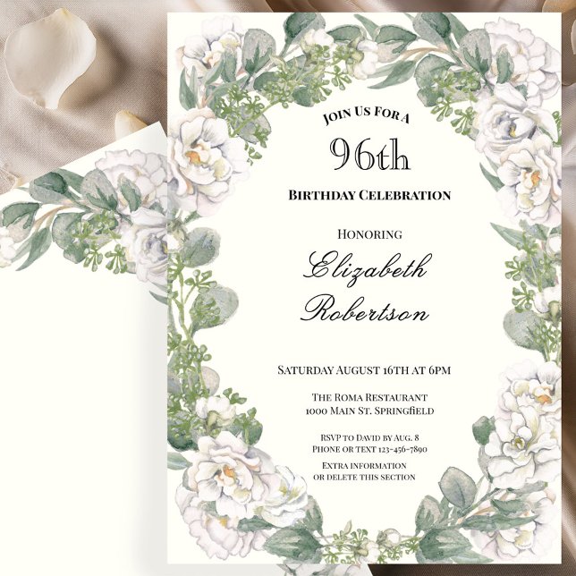 Invitación Cumpleaños 96 con flores de marfil y verde salvia (Subido por el creador)