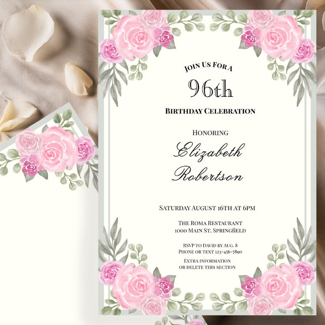 Invitación Cumpleaños 96 con flores rosadas y verde salvia (Subido por el creador)