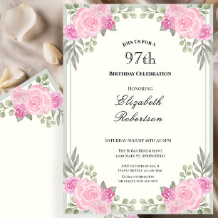 Invitación Cumpleaños 97 con flores rosadas y verde salvia