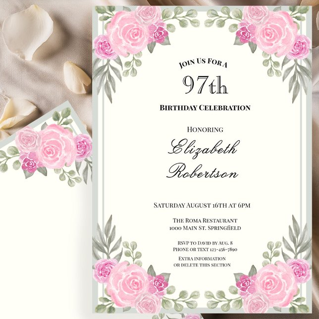 Invitación Cumpleaños 97 con flores rosadas y verde salvia (Subido por el creador)