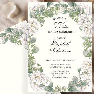 Invitación Cumpleaños 97 en Marfil y Verde Salvia Floral