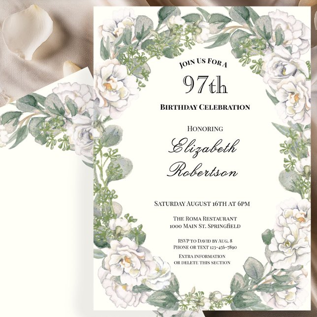 Invitación Cumpleaños 97 en Marfil y Verde Salvia Floral (Subido por el creador)