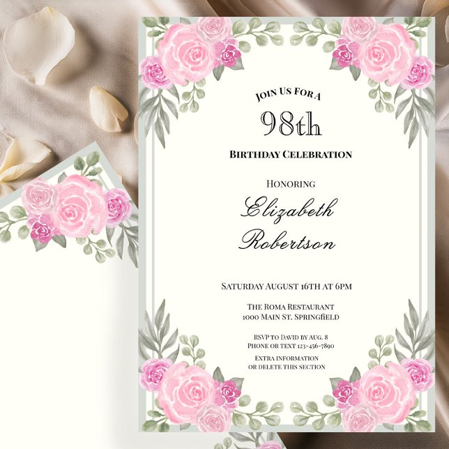 Invitación Cumpleaños 98 de flores rosadas y verde salvia (Subido por el creador)